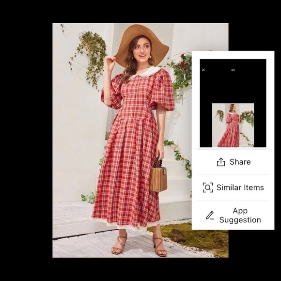 Lace Trim Buttoned Front Tie Back Plaid Dress - Picture 3 of 6